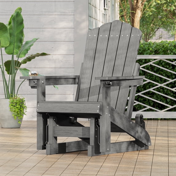 ACEGOSES Glider Outdoor Adirondack Chair with Smooth Motion and Cup Holder, Foldable 3-Position Adjustable HDPE Plastic for Patio and Deck, Gray