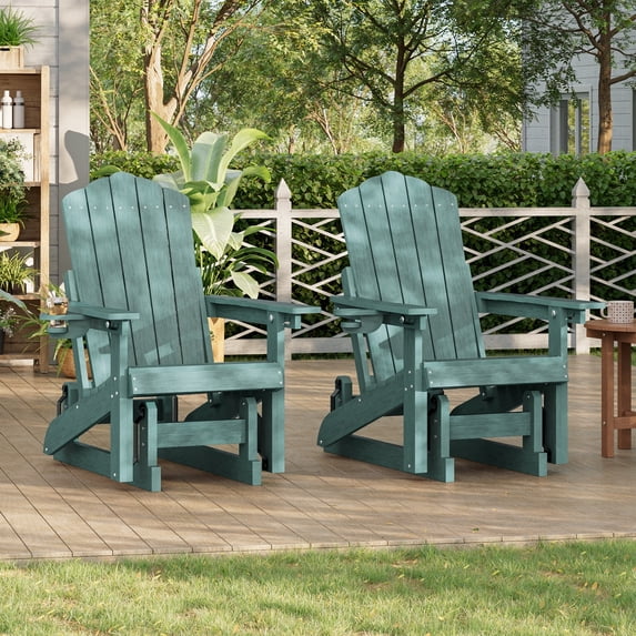 ACEGOSES Glider Outdoor Adirondack Chairs Set of 2 with Smooth Motion and Cup Holder, Foldable 3-Position Adjustable HDPE Plastic for Patio and Deck, Lake Blue