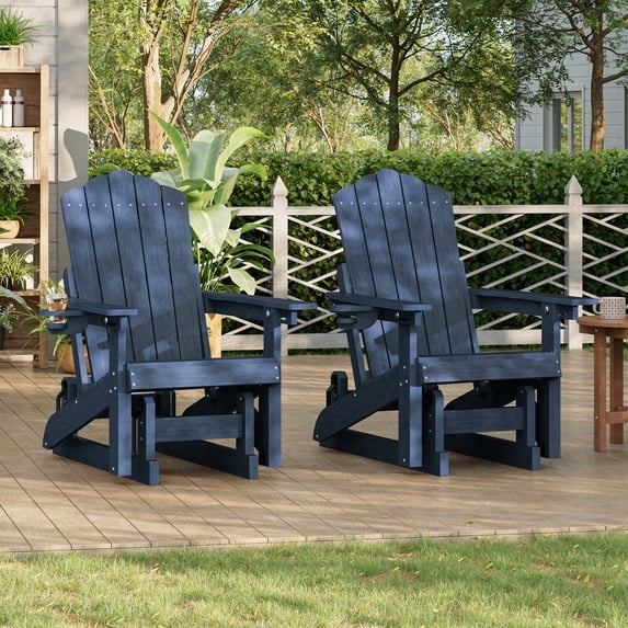 ACEGOSES Glider Outdoor Adirondack Chairs Set of 2 with Smooth Motion and Cup Holder, Foldable 3-Position Adjustable HDPE Plastic for Patio and Deck, Navy Blue