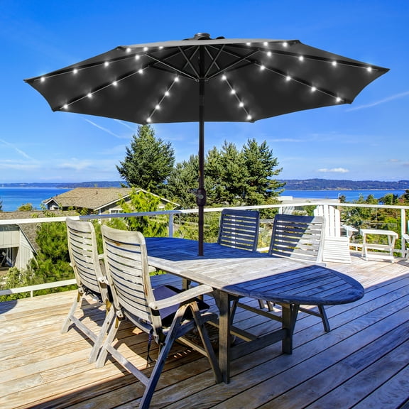 ACEGOSES LED 9ft Aluminum Patio Market Circle Outdoor Umbrellas with Solar Lights and Sturdy Ribs,Black