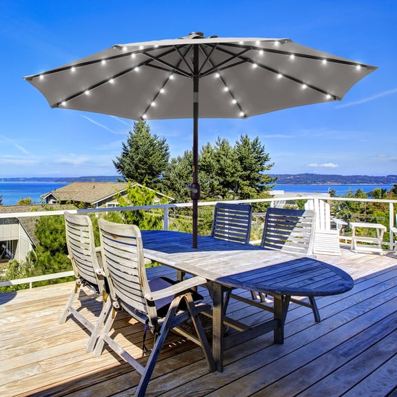 ACEGOSES LED 9ft Aluminum Patio Market Circle Outdoor Umbrellas with Solar Lights and Sturdy Ribs,Gray