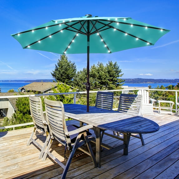 ACEGOSES LED 9ft Aluminum Patio Market Circle Outdoor Umbrellas with Solar Lights and Sturdy Ribs,Lake Blue