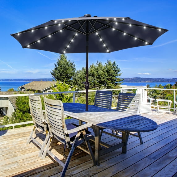 ACEGOSES LED 9ft Aluminum Patio Market Circle Outdoor Umbrellas with Solar Lights and Sturdy Ribs,Navy Blue