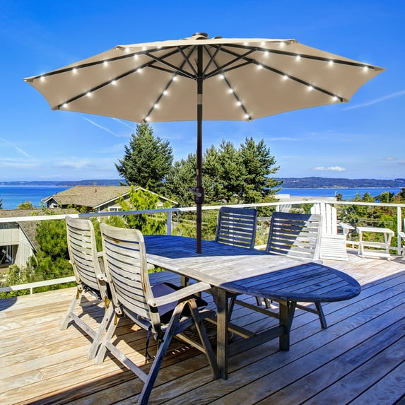ACEGOSES LED 9ft Aluminum Patio Market Circle Outdoor Umbrellas with Solar Lights and Sturdy Ribs,Sand