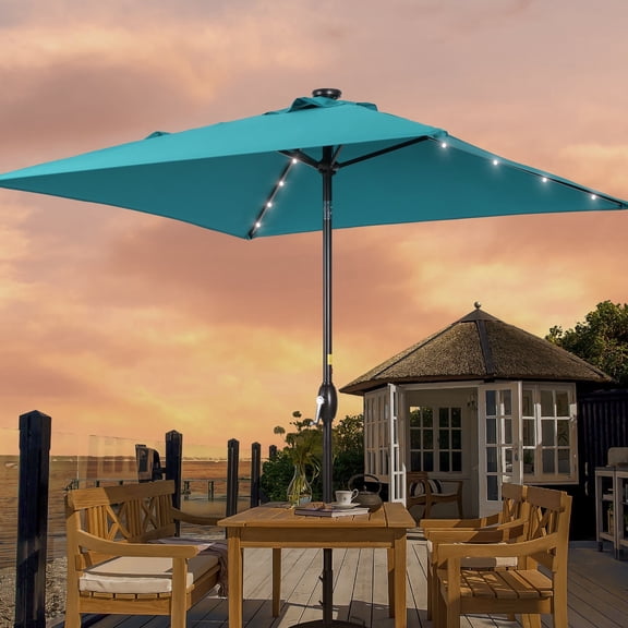 ACEGOSES LED Outdoor Patio 6.5x6.5ft Deck Solar Light Market Umbrella, Outside Table Umbrellas With Polyester canopy,Lake Blue