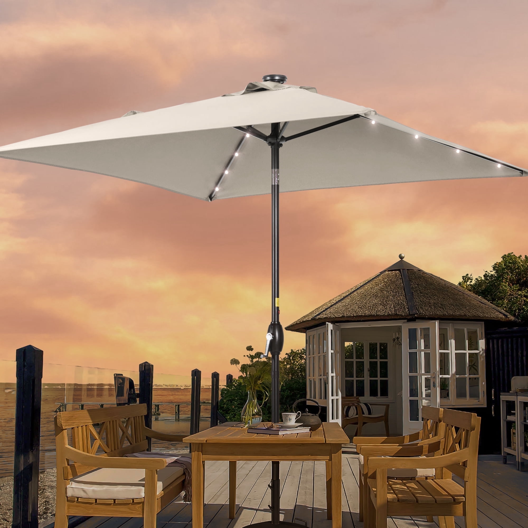 ACEGOSES LED Outdoor Patio 6.5x6.5ft Deck Solar Light Market Umbrella, Outside Table Umbrellas With Polyester canopy,Sand