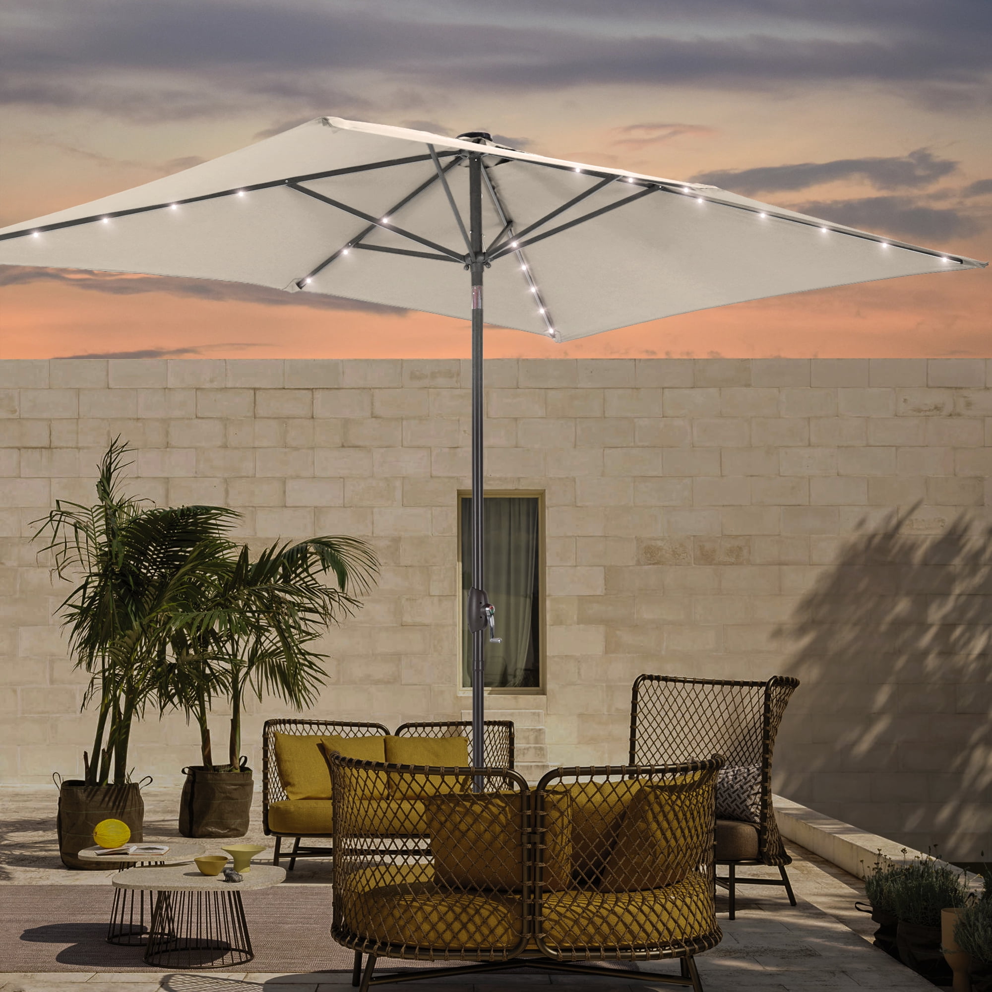 ACEGOSES LED Outdoor Patio 6x9ft Deck Solar Light Market Umbrella, Outside Table Umbrellas With Polyester canopy,Beige