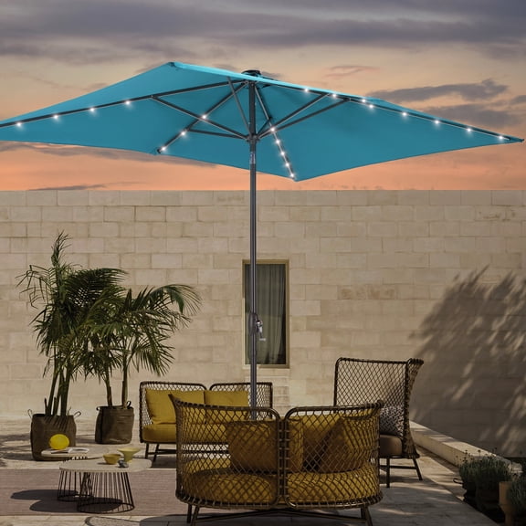 ACEGOSES LED Outdoor Patio 6x9ft Deck Solar Light Market Umbrella, Outside Table Umbrellas With Polyester canopy,Lake Blue