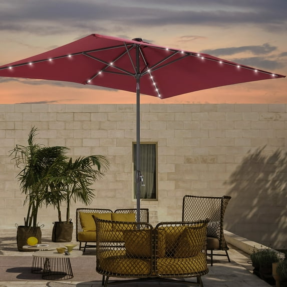 ACEGOSES LED Outdoor Patio 6x9ft Deck Solar Light Market Umbrella, Outside Table Umbrellas With Polyester canopy,Red
