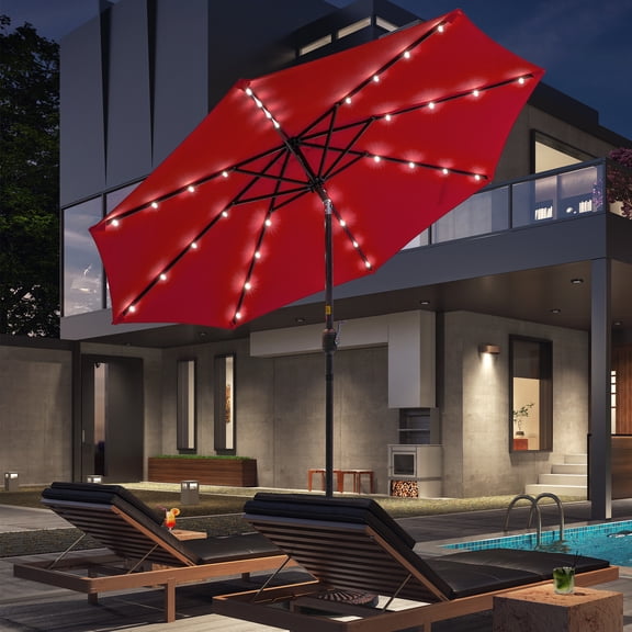 ACEGOSES LED Outdoor Patio 9′ Circle Deck Market Umbrella, Solar Lights Table Umbrellas With Non-Fading solution-dyed Canopy Red