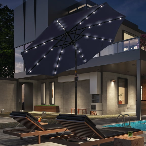ACEGOSES LED Outdoor Patio 9′ Circle Deck Market Umbrella, Solar Lights Table Umbrellas With Non-Fading solution-dyed Canopy Royal blue