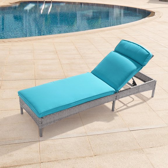 ACEGOSES Patio Chaise Chair, Rattan Single Lounge Water-Repellent Cushion Adjustable Suiting for Yard, Poolside and Beach, Lake Blue
