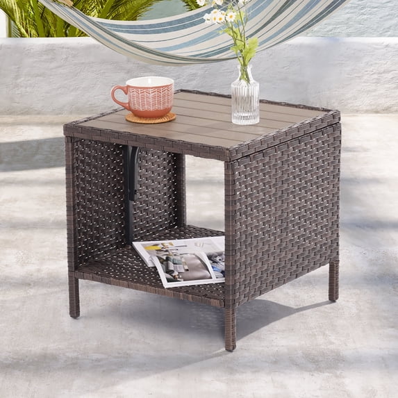 ACEGOSES Outdoor PE Rattan Side Table, Square Water-Proof Coffee HIPS Tabletop for Indoor and Outdoor,Brown