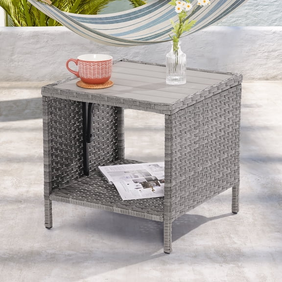 ACEGOSES Outdoor PE Rattan Side Table, Square Water-Proof Coffee HIPS Tabletop for Indoor and Outdoor,Gray