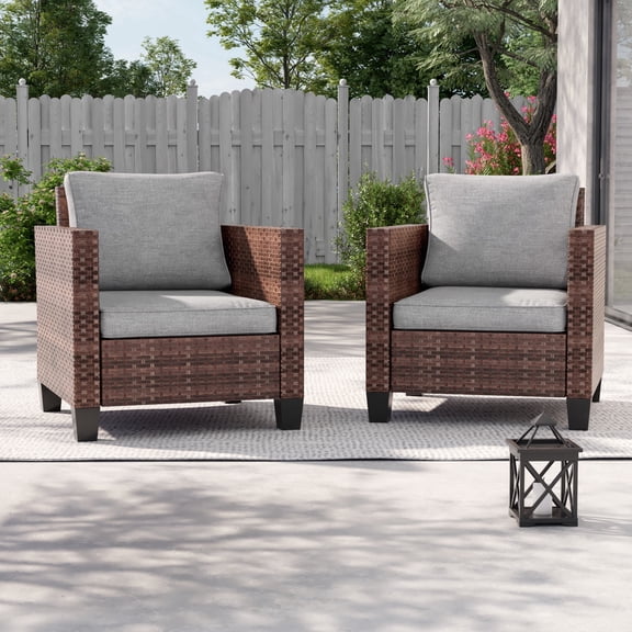 ACEGOSES Outdoor Patio Wicker Chairs Set of 2, Brown Rattan Seating with Thick Cushions for Lawn or Poolside, Light Gray