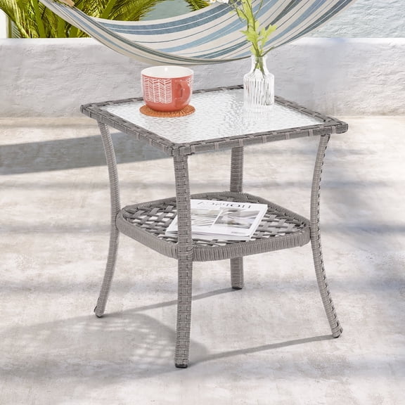ACEGOSES Outdoor Water-Proof and Rattan Powder-coated Steel and HIPS End Table, Grey/Brown