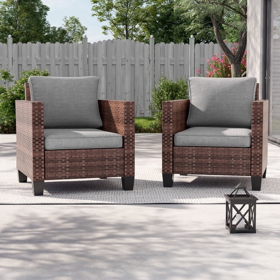 ACEGOSES Outdoor Patio Wicker Chairs Set of 2, Brown Rattan Seating with Thick Cushions for Lawn or Poolside, Gray