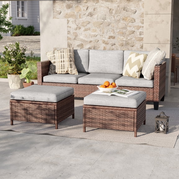 ACEGOSES Patio Outdoor Furniture Set Brown Rattan Coversation Seating Set Thickening Cushions With 3-Seater, Ottomans for Lawn, Poolside, Light Gray