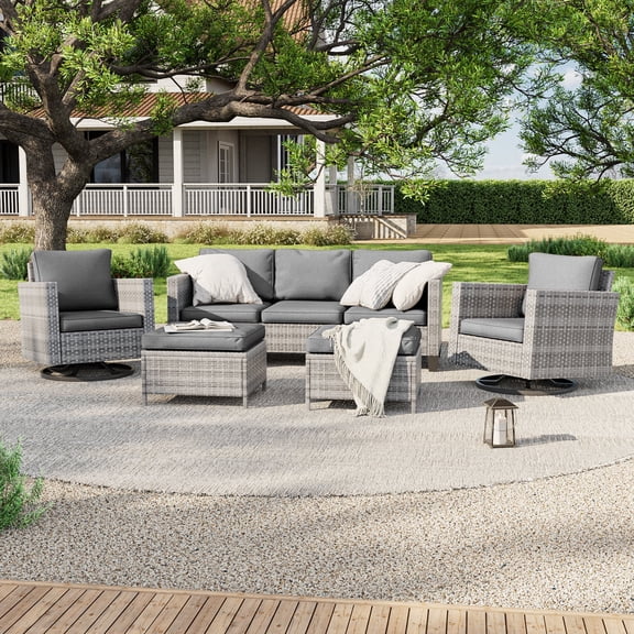 ACEGOSES Patio Outdoor Furniture Set Gray Rattan Coversation Seating Set Thickening Cushions With Swiveling Rocker for Lawn, Poolside, Gray