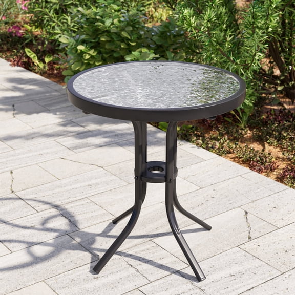ACEGOSES Round Patio Side table with Water Rippled Glass and Powder Coating for Outdoor, Black