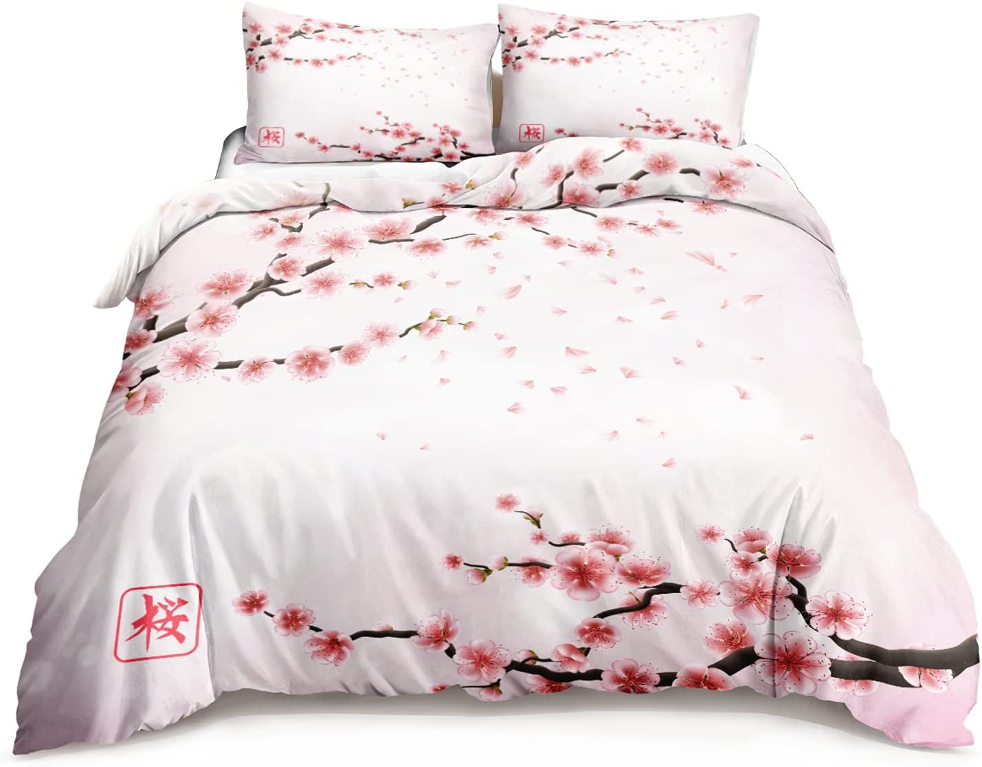 ACEME Floral Duvet Cover Set Pink Cherry Blossoms Girls Duvet Covers