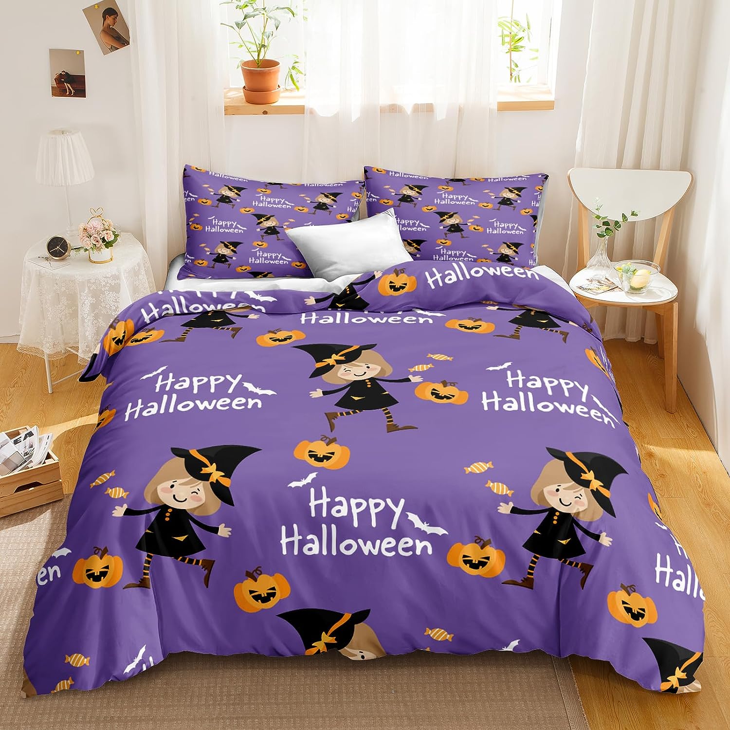 ACEME Halloween Duvet Cover Set Pumpkin Bedding Set 2 Pieces Bats Ghost