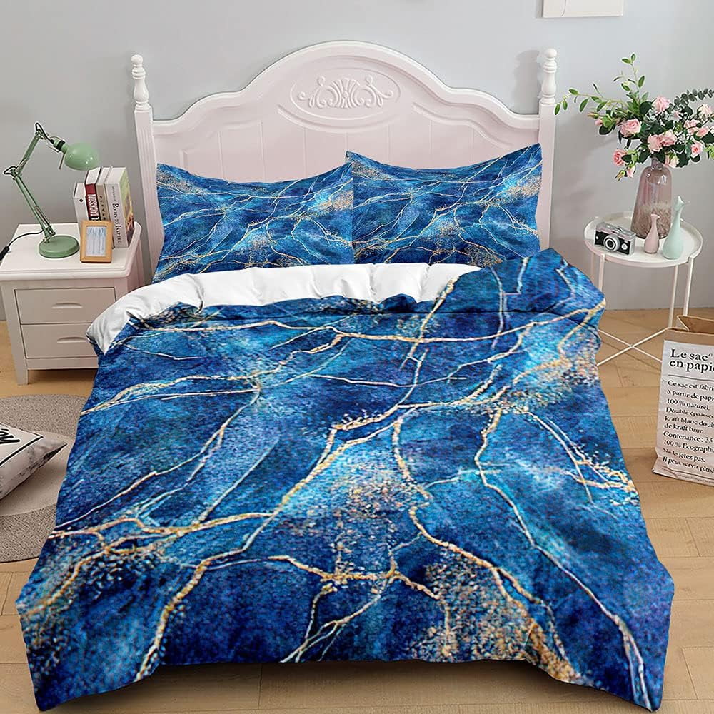 ACEME Marble Duvet Cover Twin Blue Gold Glitter Marble Texture Duvet Cover Set Chic Modern