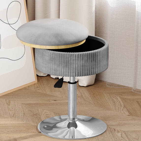 ACEQLYT® 360° Swivel Vanity Stool Chair with Storage, Height Adjustable Makeup Stool for Vanity Bathroom Bedroom, Gray Velvet Round Ottoman C104