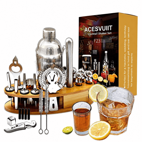 ACESVUIT Cocktail Shaker Set with Stand, 24pcs 25oz Stainless Steel Martini Shaker Bartender Kit, Complete Bar Tool Set for Home Bar, Parties & Gift Giving