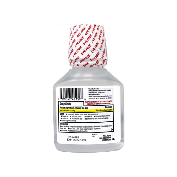 MAJOR Extra Strength Acetaminophen Liquid, 1000 mg per 30 mL, Pain Reliever/Fever Reducer, Cherry Flavored, Dye Free, 8 FL OZ