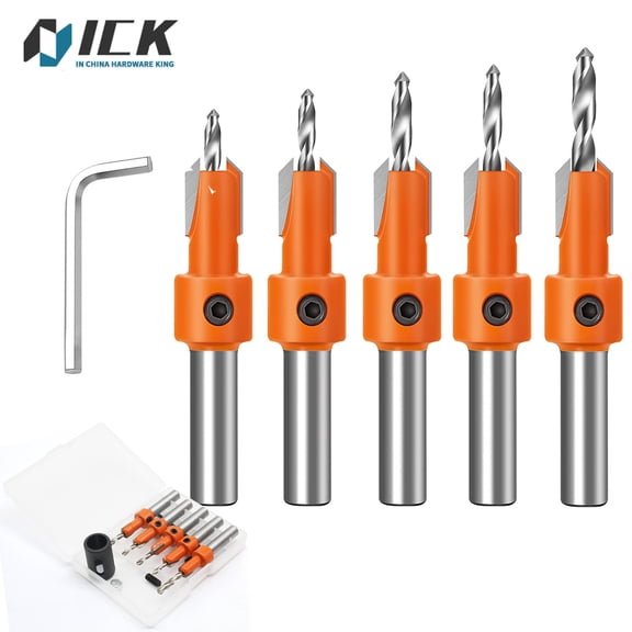 ACFAN Countersink Drill Bit Set,5-Pcs Counter Sink Bits for Wood,Tapered Drill Bits for Woodworking,Round Shank,Allen Wrench, Wood Screw Counter Sinker Drill Bits with Depth Stop,Pilot Screw Hole Set