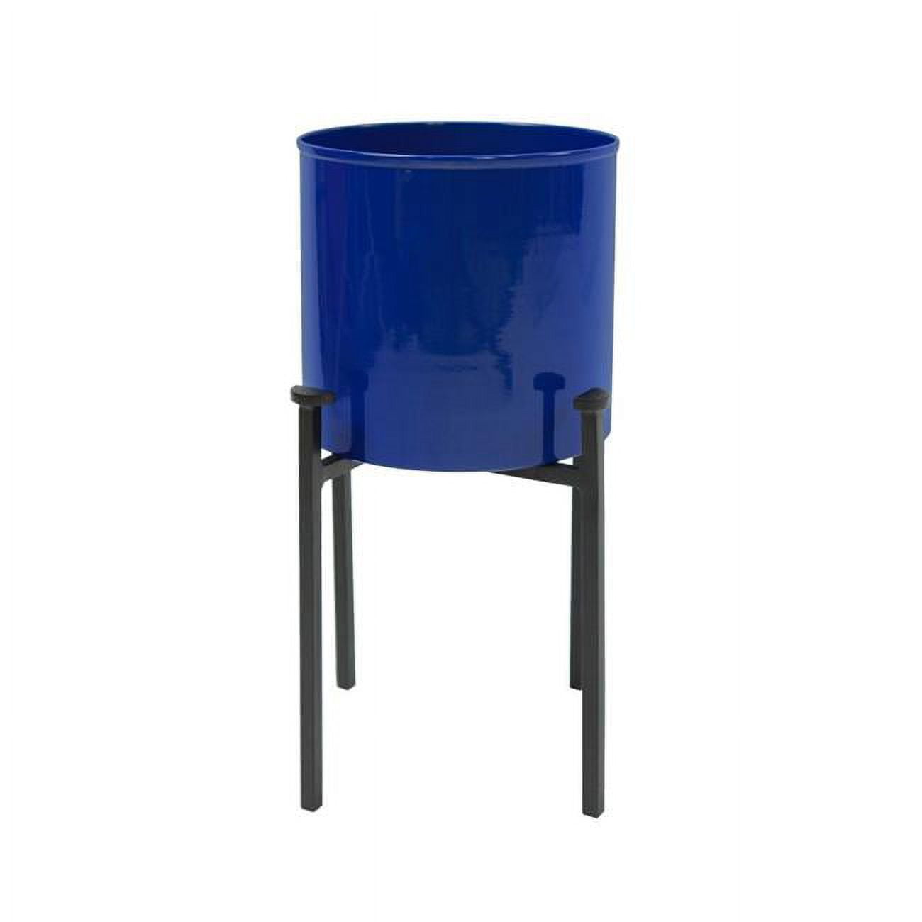 French Blue Galvanized Steel Planter with Black Wrought Iron Stand