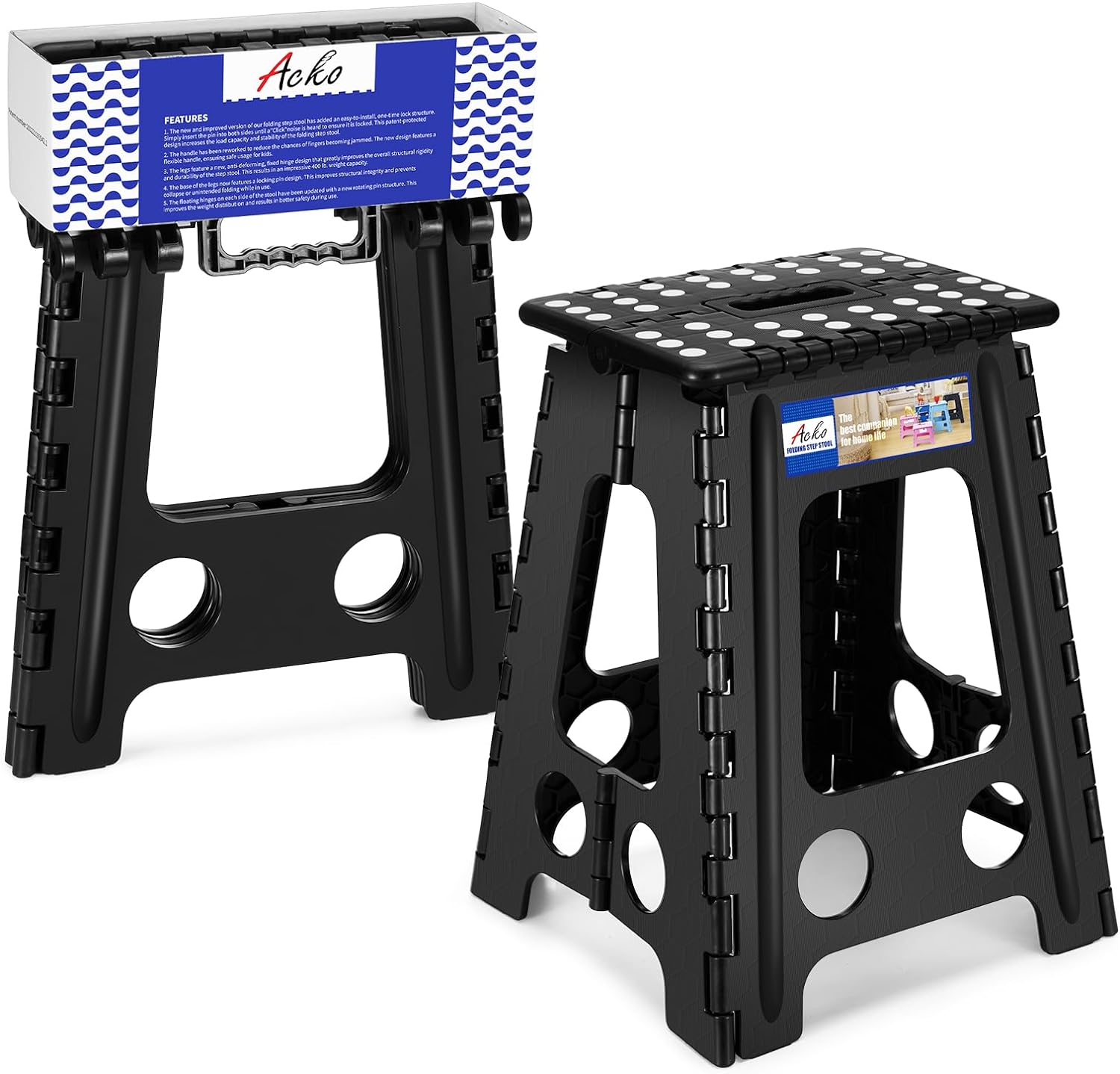 ACKO Folding Step Stool 17.5 Inch Stool 400 LB Weight Capacity Plastic Foldable Step Stools for