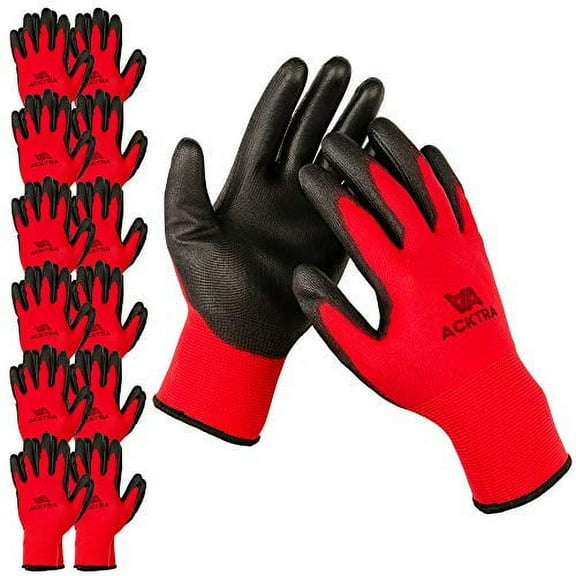 ACKTRA Ultra-Thin PU Safety WORK GLOVES 12 Pairs, WG002 Red / Black, X-Small