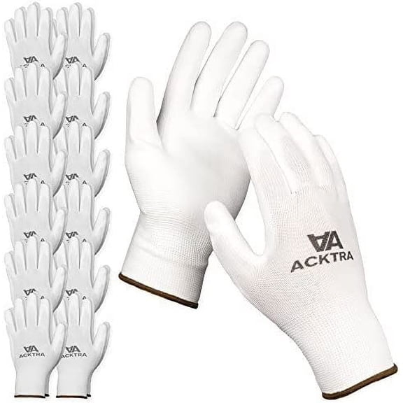 ACKTRA Ultra-Thin PU Safety WORK GLOVES 12 Pairs, WG002 White / White, Large Large (Pack of 12) White/White