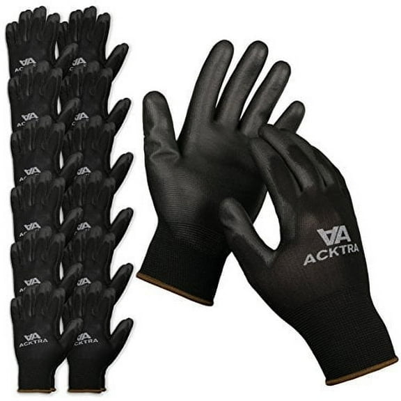 ACKTRA Ultra-Thin Polyurethane (PU) Coated Nylon Safety WORK GLOVES 12 Pairs, Knit Wrist Cuff, for Precision Work, for Men & Women, WG002 Black Polyester, Black Polyurethane, X-Small