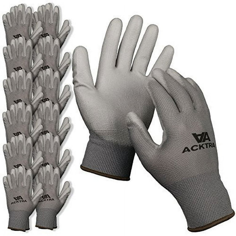 ACKTRA Ultra-Thin Polyurethane (PU) Coated Nylon Safety WORK GLOVES 12  Pairs, Knit Wrist Cuff, for Precision Work, for Men & Women, WG002 Grey  Polyester, Grey Polyurethane, Small 