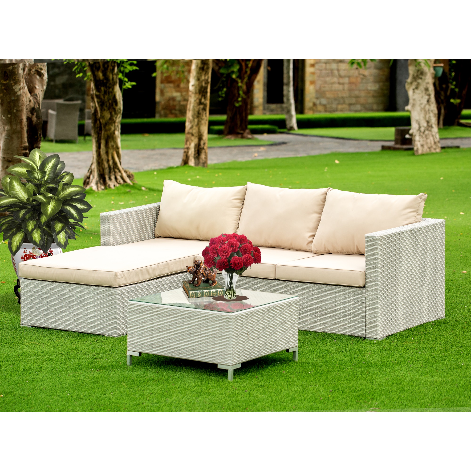 ACL3S03A 3Pc Natural Color Wicker Outdoor-Furniture Sectional Sofa Set Includes a Patio Table and Linen Fabric Cushion, Medium - image 1 of 2