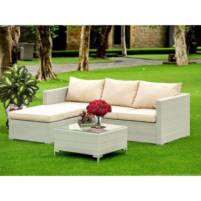 ACL3S03A 3Pc Natural Color Wicker Outdoor-Furniture Sectional Sofa Set Includes a Patio Table and Linen Fabric Cushion, Medium