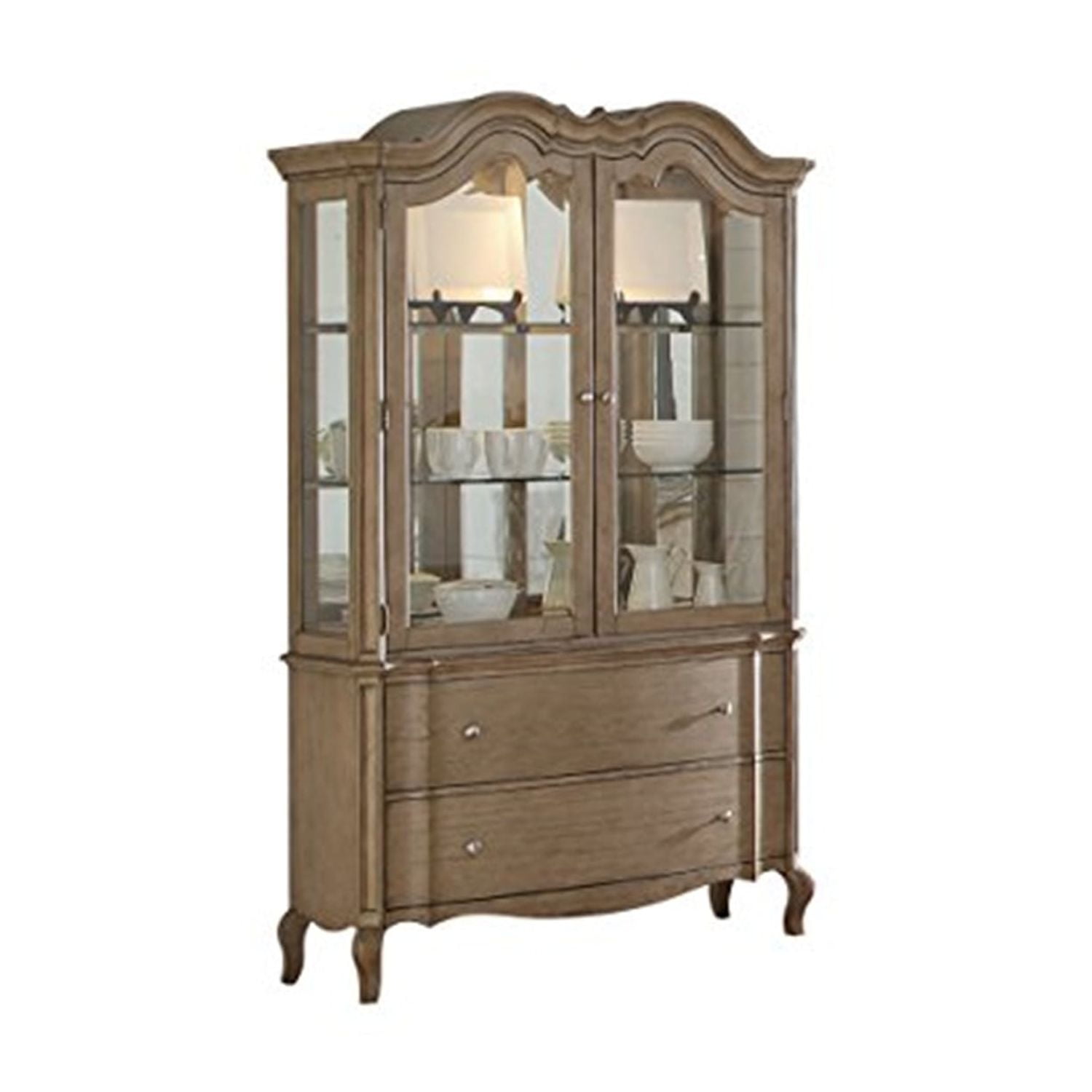 Antique Taupe Lighted China Cabinet with Glass Doors and Shelves