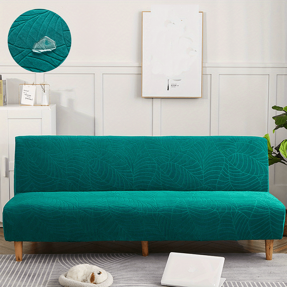 1pc Water Resistant Leaf Texture Jacquard Stretch Futon Cover Spandex