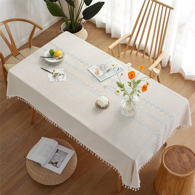 Acmdl Embroidery Linen Tablecloth With Tassels Dustproof Thicken 