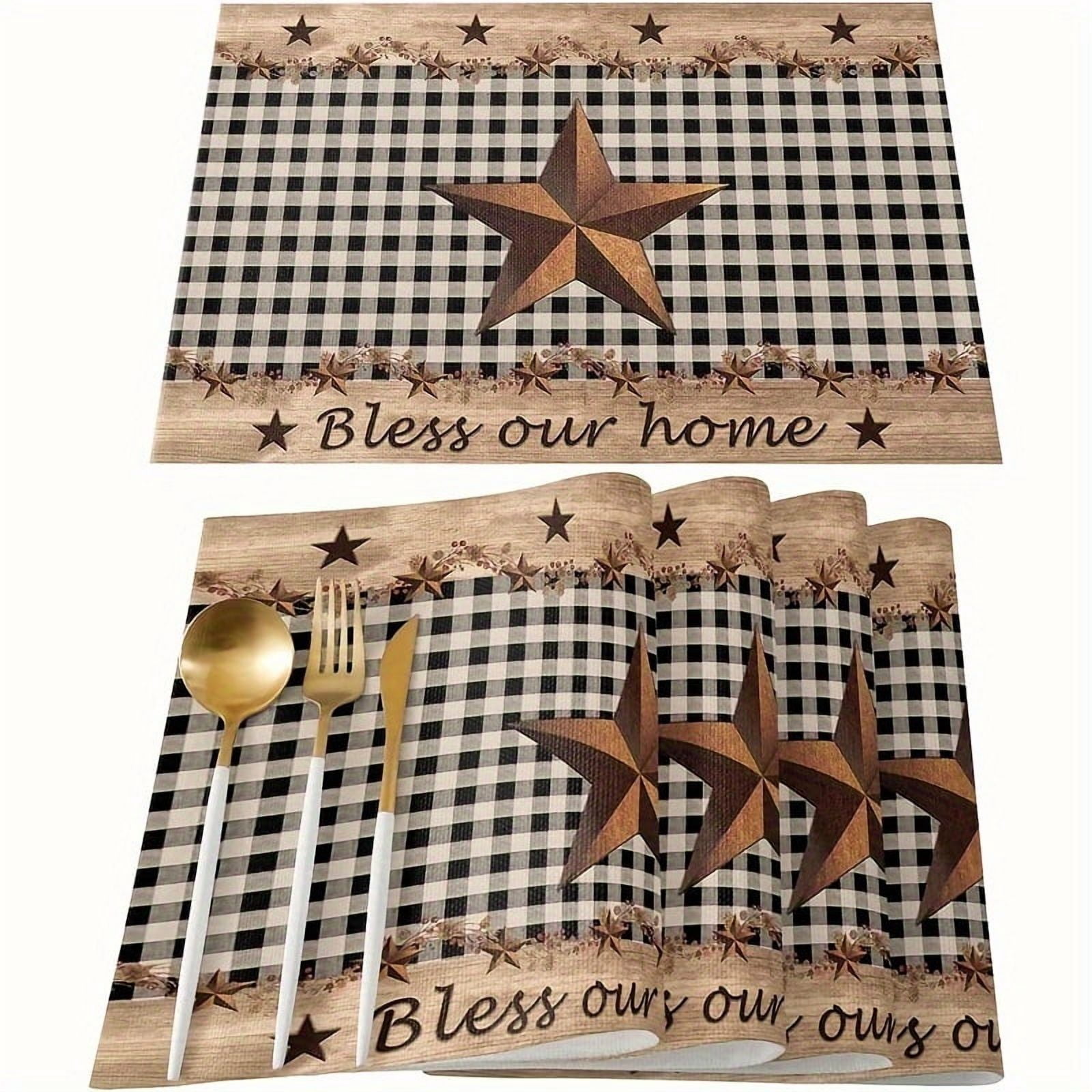 ACMDL   Set of 4 Farmhouse Black Plaid Polyester Place Mats with Vintage Country Star Design  Non-Slip Heat Insulation Square Table Mats  Hand Wash Only