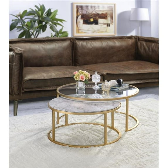ACME 2 Piece Shanish Nesting Table Set - Faux Marble & Gold - 16 x 36 x 36 in.