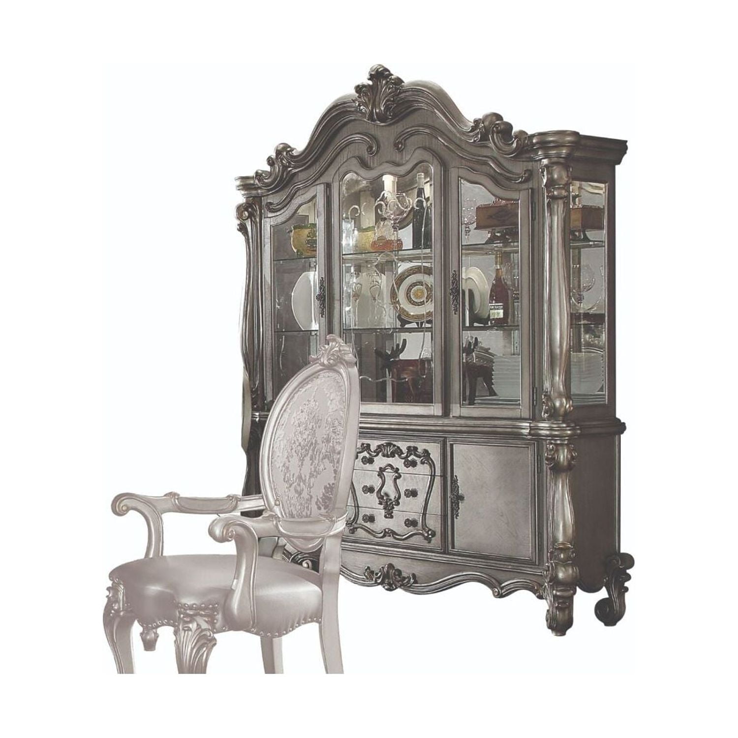 Antique Platinum Lighted China Cabinet with Glass Doors