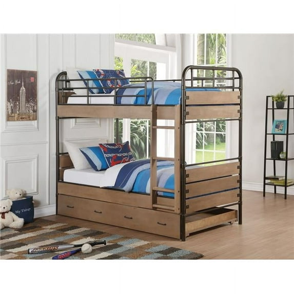 ACME 3 Piece Adams Twin & Twin Size Bunk Bed with Trundle - Antique Oak & Gunmetal