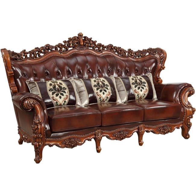 ACME 53065 2 Piece Eustoma Sofa with 3 Pillows - Cherry Top Grain Leather Match & Walnut - image 1 of 7