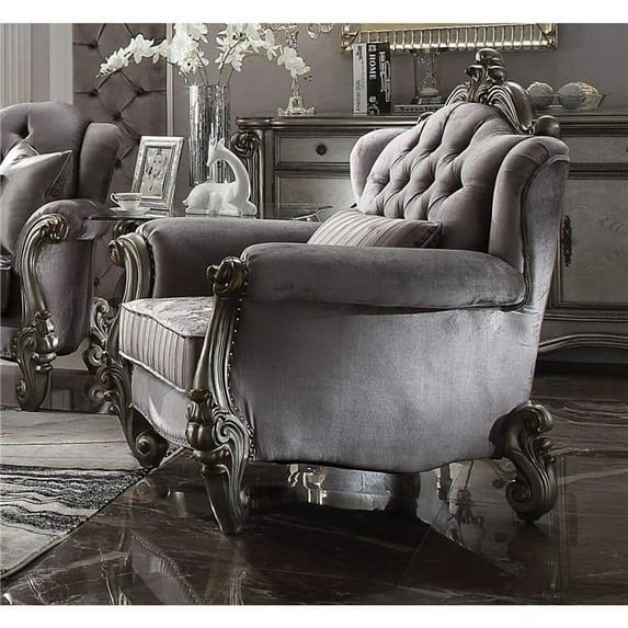 ACME Versailles Chair w/Pillow in Velvet & Antique Platinum
