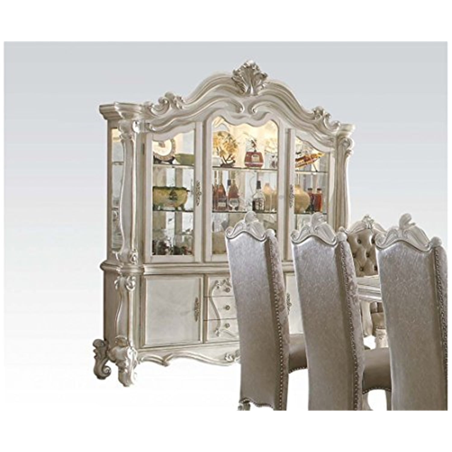 Versailles Bone White Lighted China Cabinet with Glass Doors