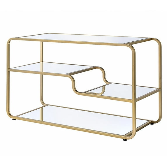 Modern Metal Framed TV Stand with Mirrored Open Compartments, Gold and Clear- Saltoro Sherpi
